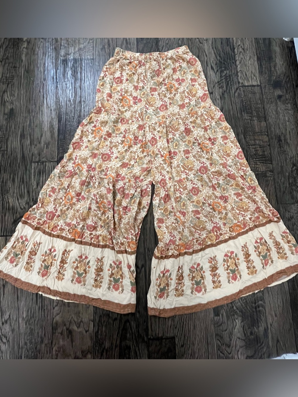 NATURAL LIFE Cream Floral Wide-Leg Boho Pants with Rust & Tan Accents